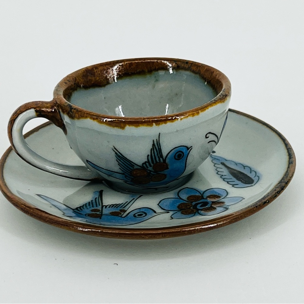 Vintage Ken Edwards Tonala Pottery Cup & Saucer Set El Palomar Blue Bird Signed - Picture 3 of 14